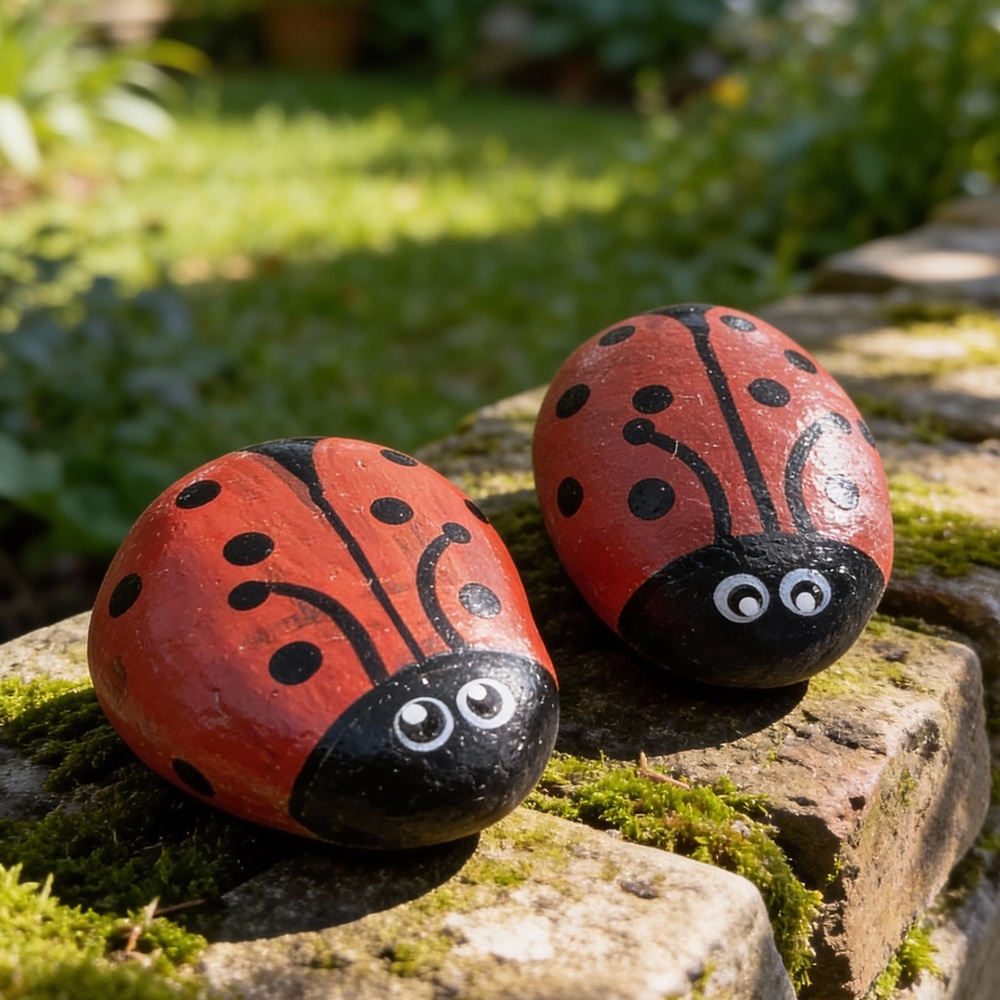 Hand crafted painted ladybug rocks set of 2 red black white polka dots 2x1.5 in